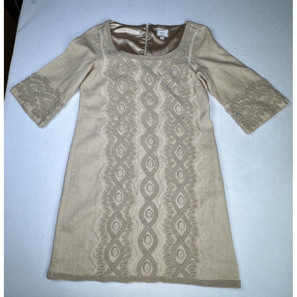 ECI New York‎ Linen Blend Embroidered Square Neck 3/4 Sleeve Dress Size 6